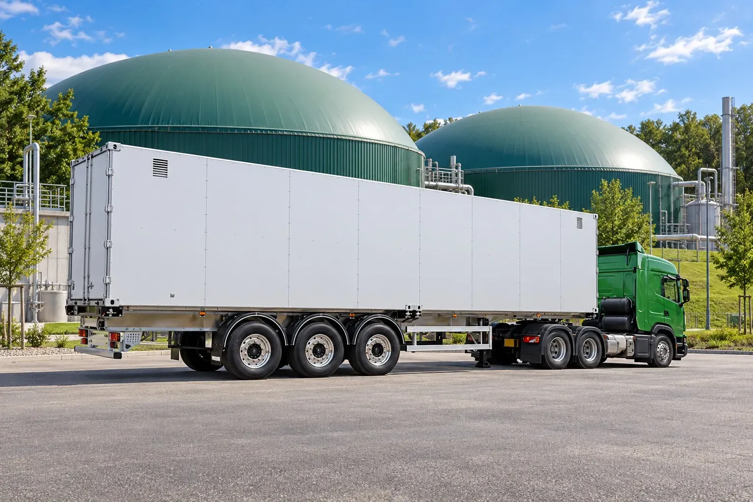 Biały 40-stopowy kontener do transportu biometanu na naczepie z zielonym ciągnikiem siodłowym, na tle komór fermentacyjnych biogazowni