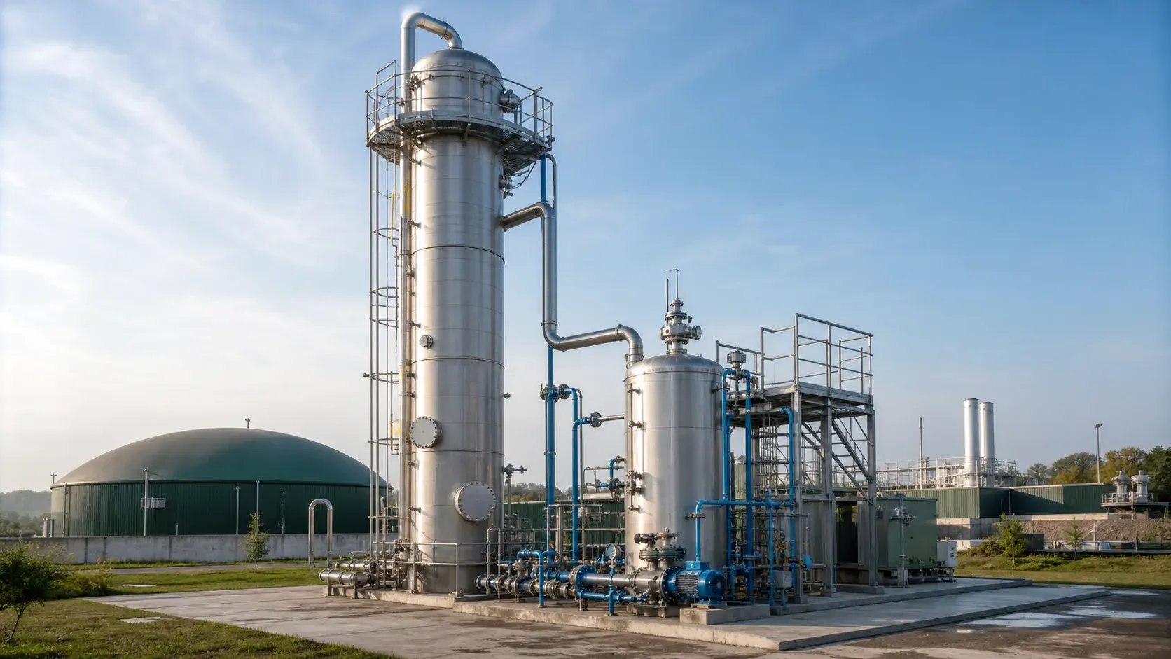 Schemat biometanowni z płuczką wodną i kolumną absorpcyjną